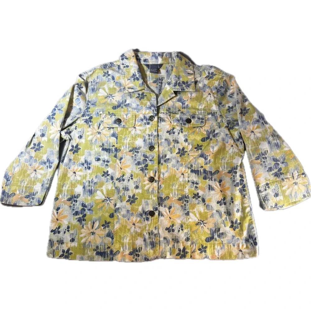 City Blues by Koret Womens Floral Jacket Green Blue Size L K8531124M Button Up‎